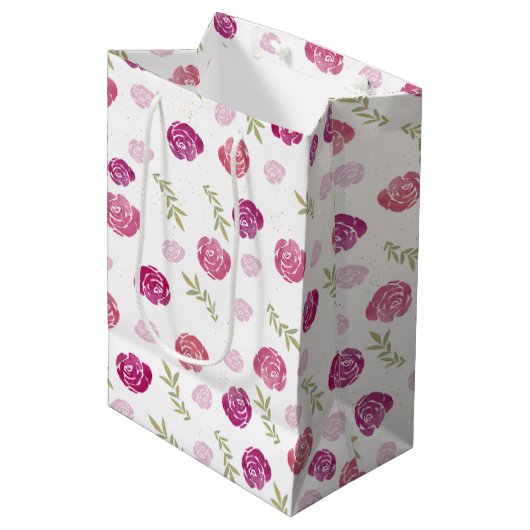 Elegante Blätter für Hübsche Rosa und Lila Rose Mittlere Geschenktüte (Vorderseite Schrägansicht)