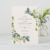 Elegante Blätter Grüne QR Code Foto Hochzeit Einladung (Stehend Vorderseite)