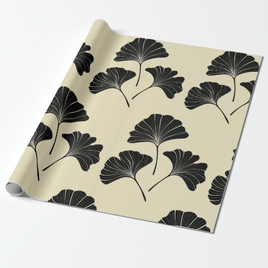 Elegante Blätter in schwarz-beige-Ginkgo Geschenkpapier (Ungerollt)