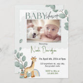 Elegante Blätter mit Babygiraffe und Spielzeug Einladung (Vorne/Hinten)