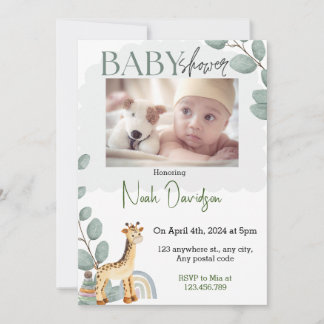 Elegante Blätter mit Babygiraffe und Spielzeug Einladung