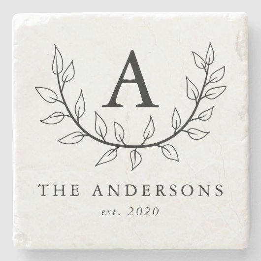 Elegante Blätter Monogram Steinuntersetzer (Vorderseite)