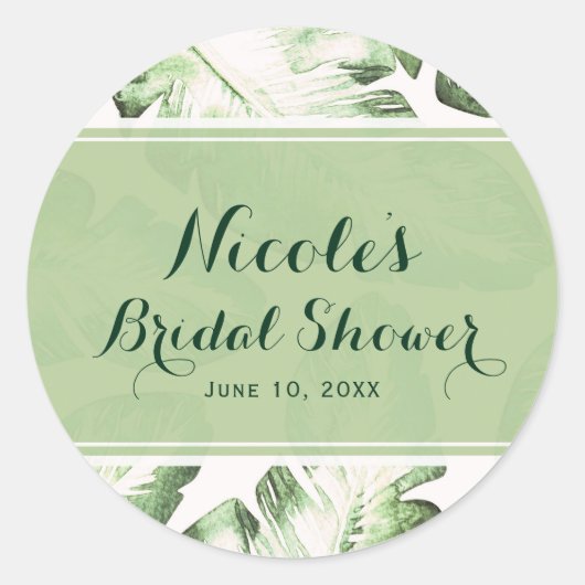Elegante Blätter von White Green Tropical Beach be Runder Aufkleber (Vorderseite)