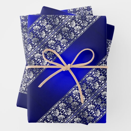 Elegante Blau- und Silberstreifen-Muster Geschenkpapier Set (Beispiel)