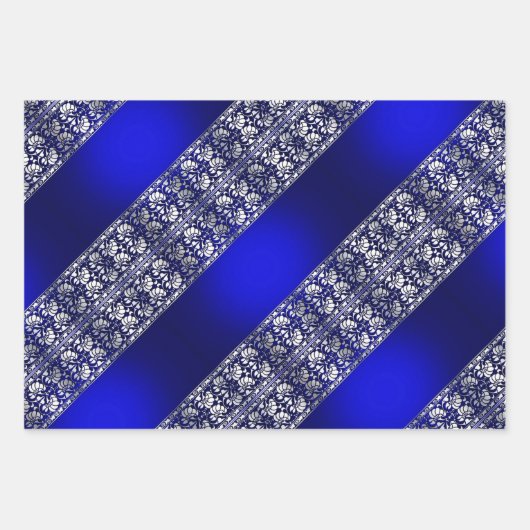 Elegante Blau- und Silberstreifen-Muster Geschenkpapier Set (Vorderseite)