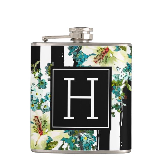 Elegante Blau- und Weiße Blume mit Monogramm Flachmann (Vorderseite)