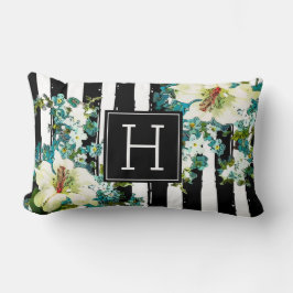 Elegante Blau- und Weiße Blume mit Monogramm Lendenkissen