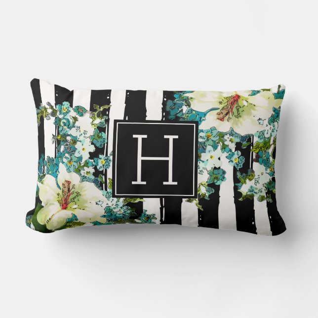 Elegante Blau- und Weiße Blume mit Monogramm Lendenkissen (Vorderseite)