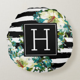 Elegante Blau- und Weiße Blume mit Monogramm Rundes Kissen