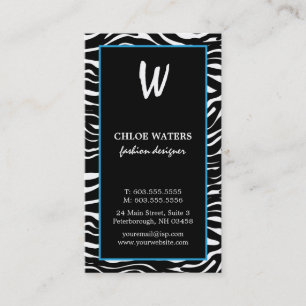 Elegante Blau-und Zebra-Monogramm-Visitenkarten Visitenkarte