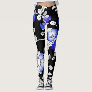 Elegante Blau-Weiß-Schwarz-Blüten-Leggings Leggings