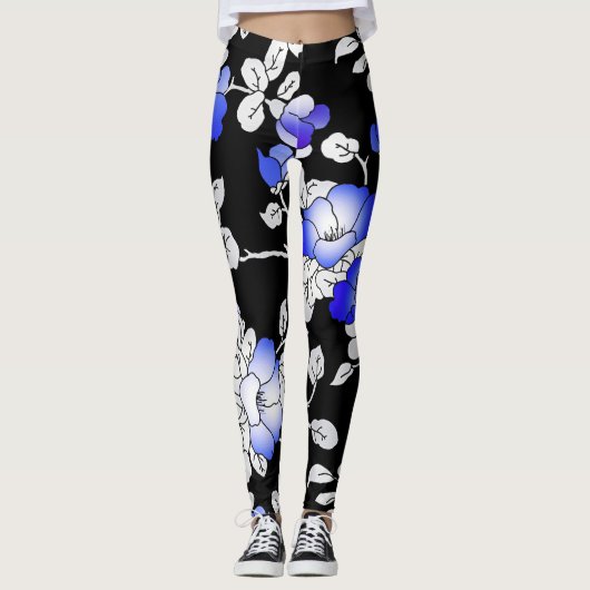 Elegante Blau-Weiß-Schwarz-Blüten-Leggings Leggings (Vorderseite)