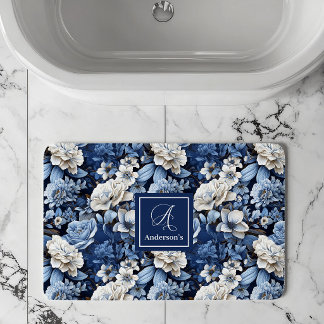 Elegante Blau Weiße Blumen Personalisierte Bademat Badematte