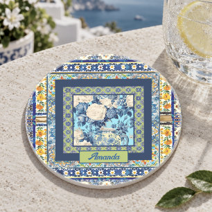 Elegante blau-weiße Chinoiserie-Fliesen-Monogramm Getränkeuntersetzer
