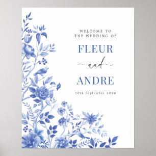 Elegante blau-weiße Chinoiserie-Hochzeitsbegrüßung Poster