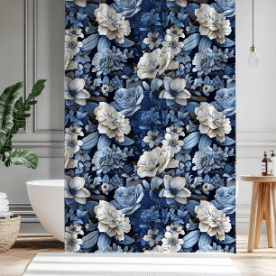 Elegante Blau Weiße Elfenbeinfarbene Florale Badez Duschvorhang