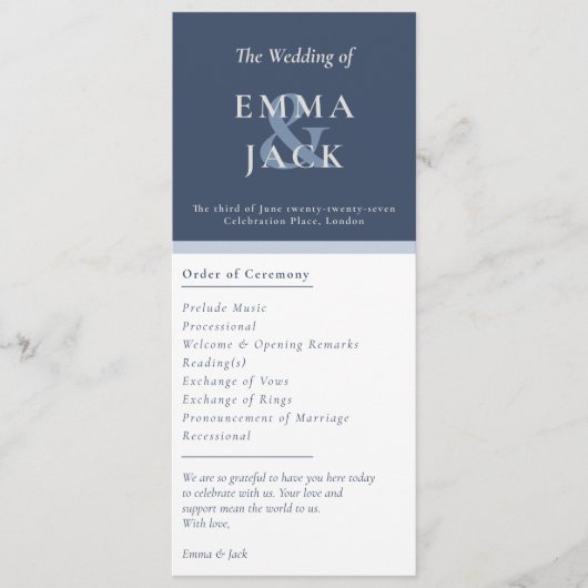 Elegante blaue Ampere und Namen Hochzeitskarte Programm (Vorderseite)