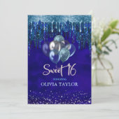 Elegante blaue Aqua-Tropfen Glitzer-Ballons süß 16 Einladung (Stehend Vorderseite)