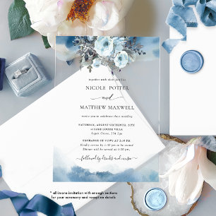 Elegante blaue Aquarell-Blumen-Hochzeit alles in e Acryleinladungen