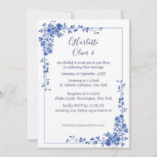 Elegante blaue Aquarell-Blumen-Hochzeitseinladunge Einladung