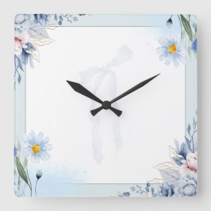 Elegante blaue Aquarell-Blumen- und Schleifen-Einl Quadratische Wanduhr