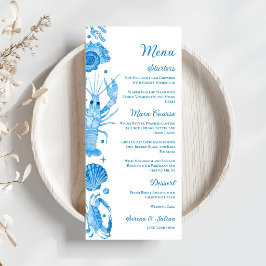 Elegante Blaue Aquarell-Küsten-Meeresfrüchte-Hochz Menükarte