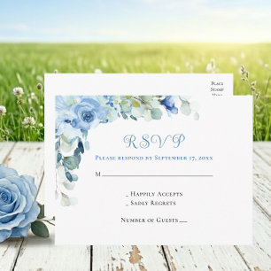Elegante blaue Aquarell-Rosen-Hochzeit-RSVP Postkarte