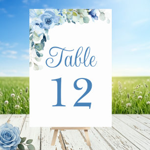Elegante blaue Aquarell-Rosen Hochzeit Tischnummer