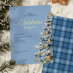 Elegante Blaue Aquarell-Tannen-Weihnachtsfeier Folieneinladung
