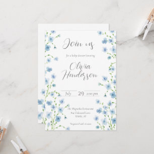Elegante Blaue Aquarell-Wildblumen-Baby-Party Einladung