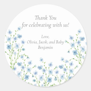 Elegante Blaue Aquarell-Wildblumen-Baby-Party Runder Aufkleber