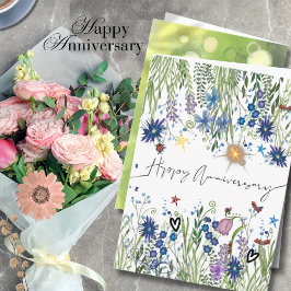 Elegante blaue Aquarell-Wildblumen-Jubiläum Karte