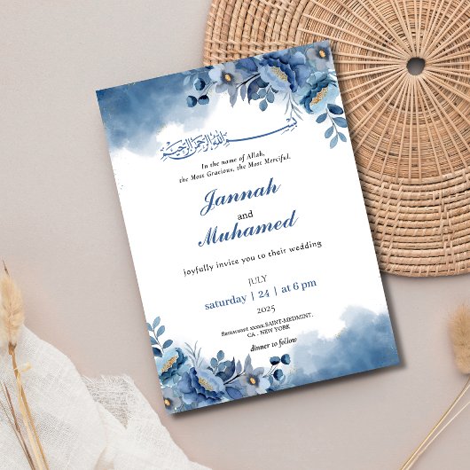 Elegante Blaue Aquarellfarben Bläserne muslimische Einladung