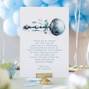 Elegante blaue Babyrassel Jungen-Baby-Shower Dankeskarte