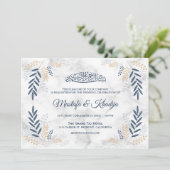 Elegante blaue Blätter Marmor Islamische Hochzeit Einladung (Stehend Vorderseite)