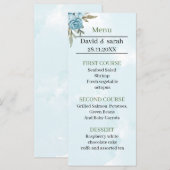 Elegante blaue Blume Personalisiert Hochzeitsessen Menükarte (Vorne/Hinten)