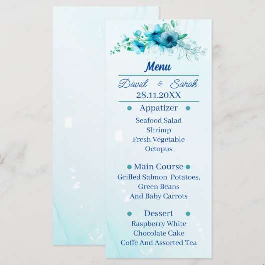 Elegante blaue Blume Personalisiert Hochzeitsessen Menükarte (Vorne/Hinten)