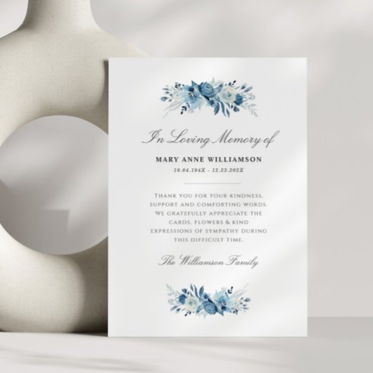 elegante blaue Blumen Begräbniskarte Dankeskarte