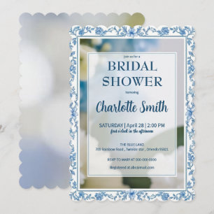 Elegante blaue Blumen-Chinoiserie-Brautdusche Save The Date