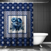 Elegante Blaue Blumen Chinoiserie Duschvorhang