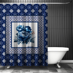 Elegante Blaue Blumen Chinoiserie Duschvorhang