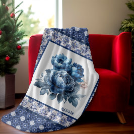 Elegante Blaue Blumen Chinoiserie Fleecedecke