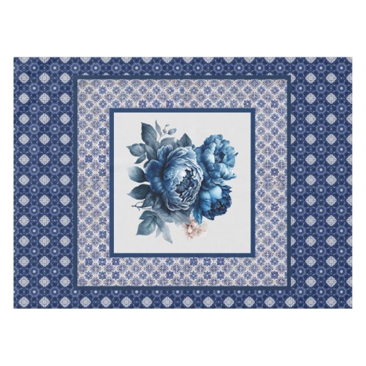 Elegante Blaue Blumen Chinoiserie Tischdecke (Vorderseite (Horizontal))