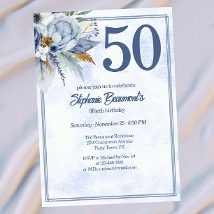 Elegante blaue Blumen Damen 50. Geburtstagsfeier Einladung