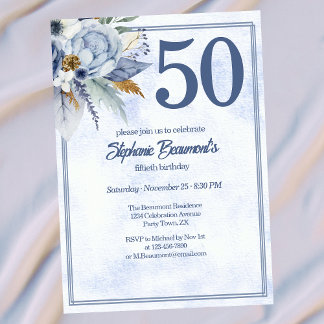 Elegante blaue Blumen Damen 50. Geburtstagsfeier Einladung