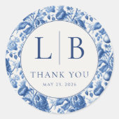 Elegante blaue Blumen-Dankeskarte Runder Aufkleber (Vorderseite)