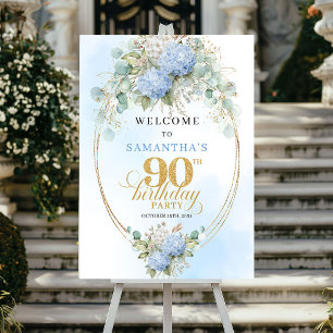Elegante blaue Blumen Gold 90. Geburtstagsgruß Poster