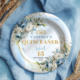 Elegante blaue Blumen Grün Gold Quinceañera-Teller Pappteller