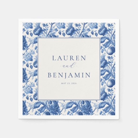 Elegante blaue Blumen-Hochzeitseinladung Serviette (Vorderseite)