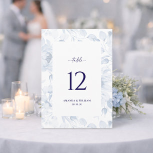 Elegante blaue Blumen-Hochzeitstisch-Nummernkarte Einladung